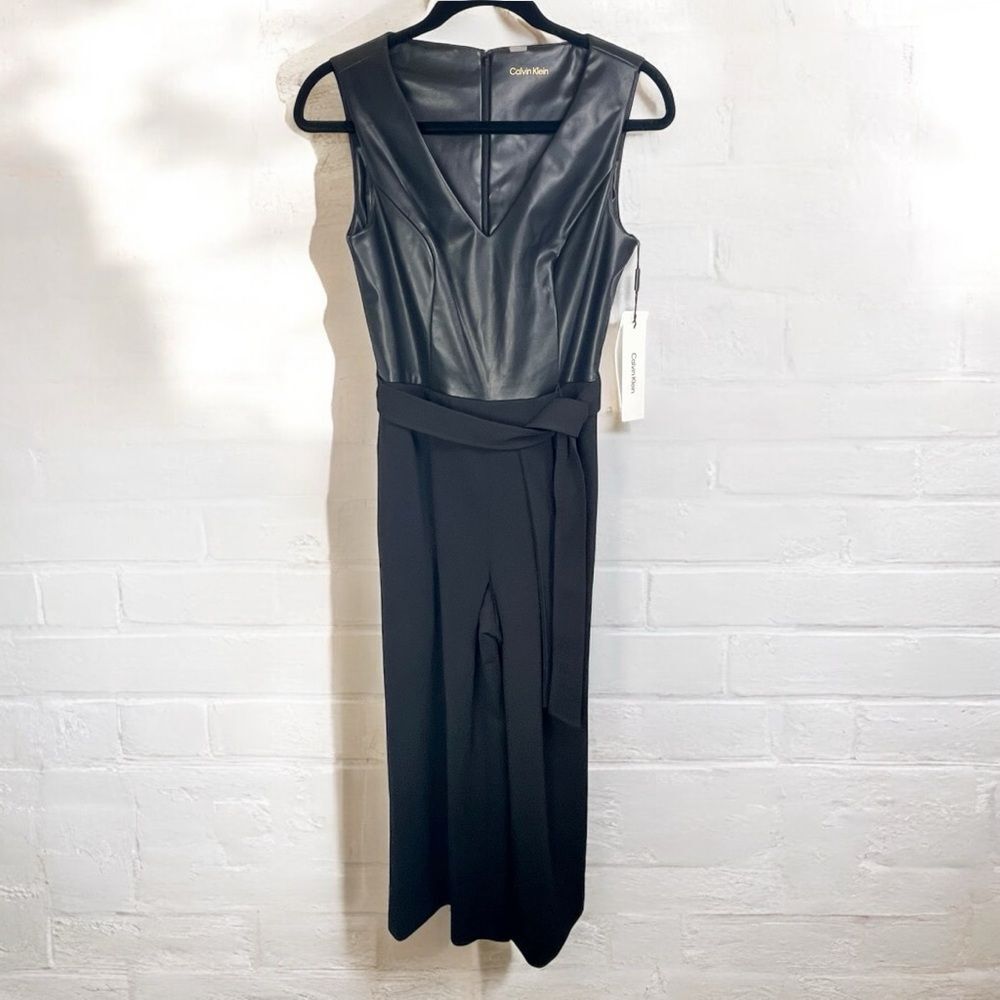 CALVIN KLEIN Black Faux Leather Top Jumpsuit Cropped Wide Leg Fall Sz 2 NWT